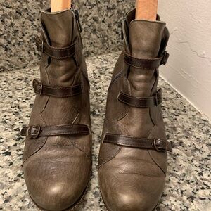 Booties genuine leather olive green 3 in wedge heels. Zipper excellent condition